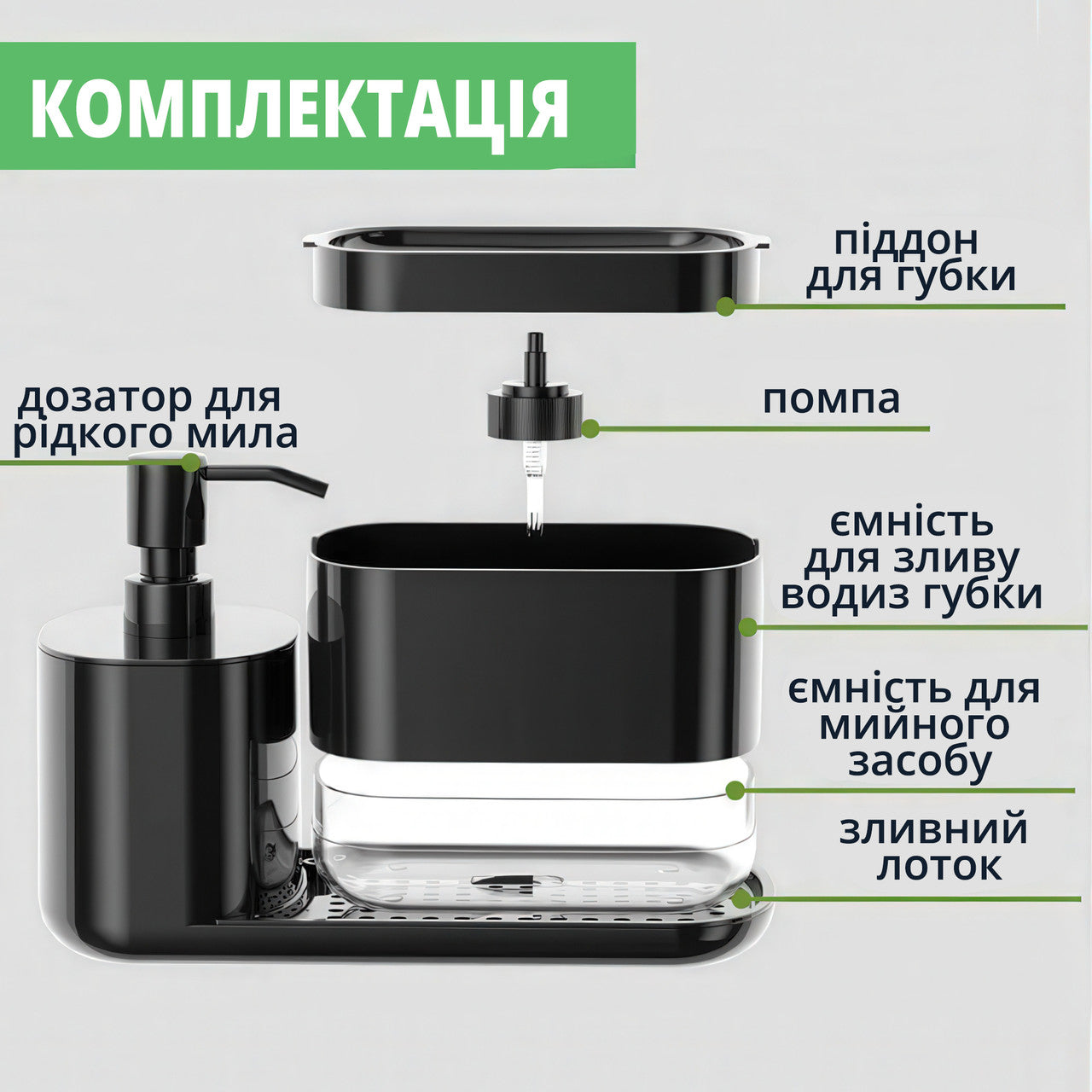 Диспенсер для рідкого мила та мийного засобу з підставкою для губки (600 мл + 350 мл, чорний)
