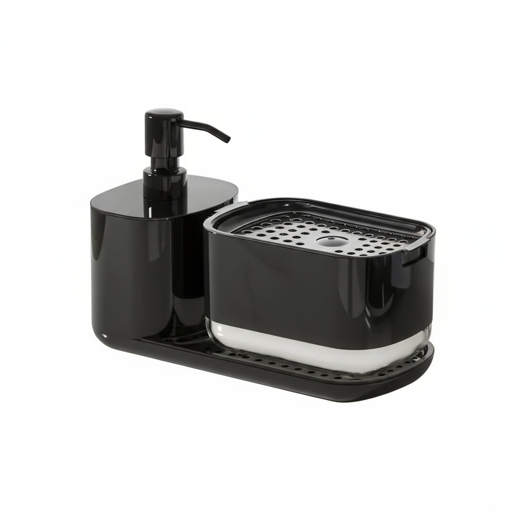 Диспенсер для рідкого мила та мийного засобу з підставкою для губки (600 мл + 350 мл, чорний)