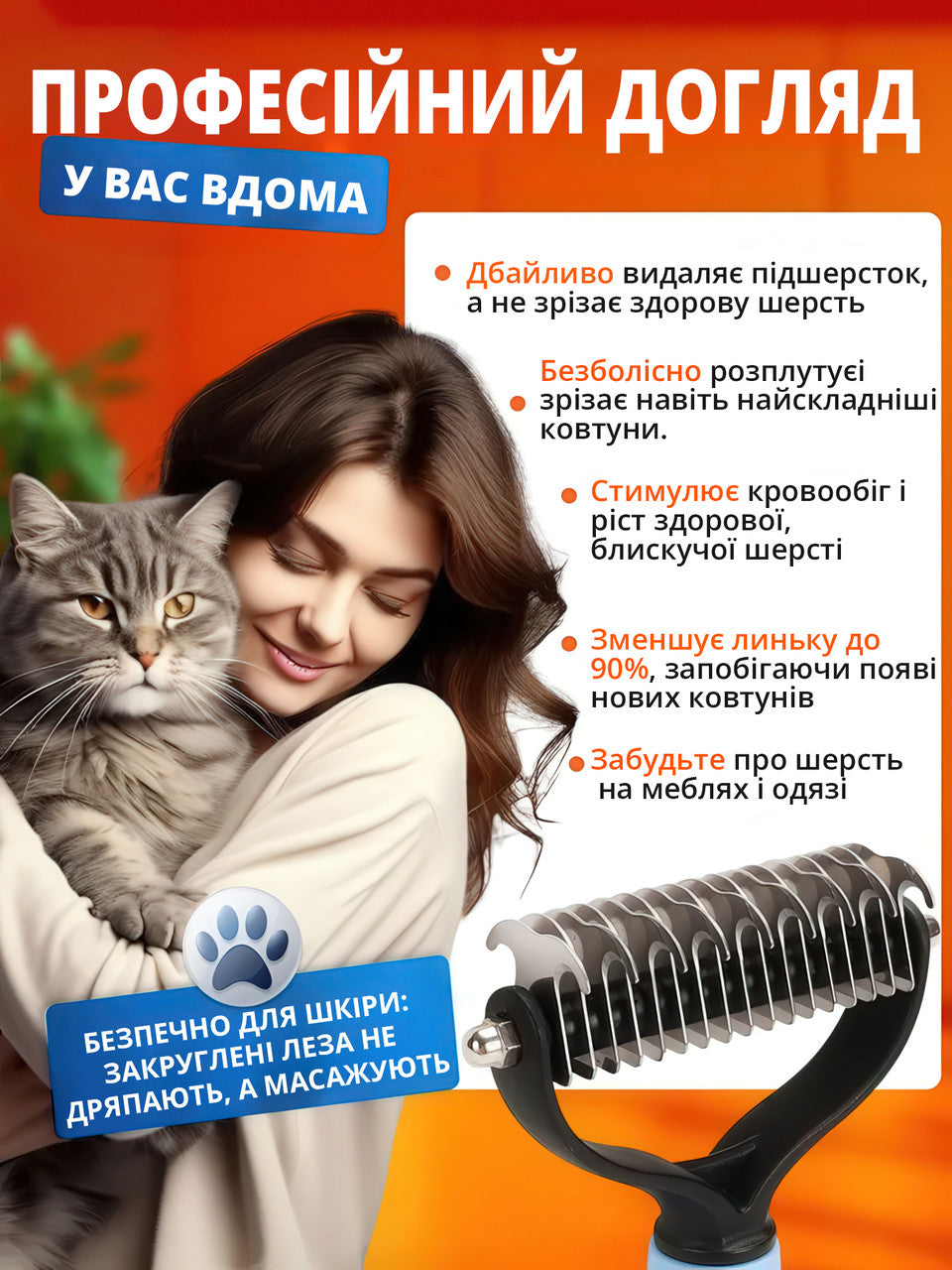 Щітка для шерсті ковтуноріз і дешеддер 2 в 1 для котів і собак, двосторонній гребінець, блакитний