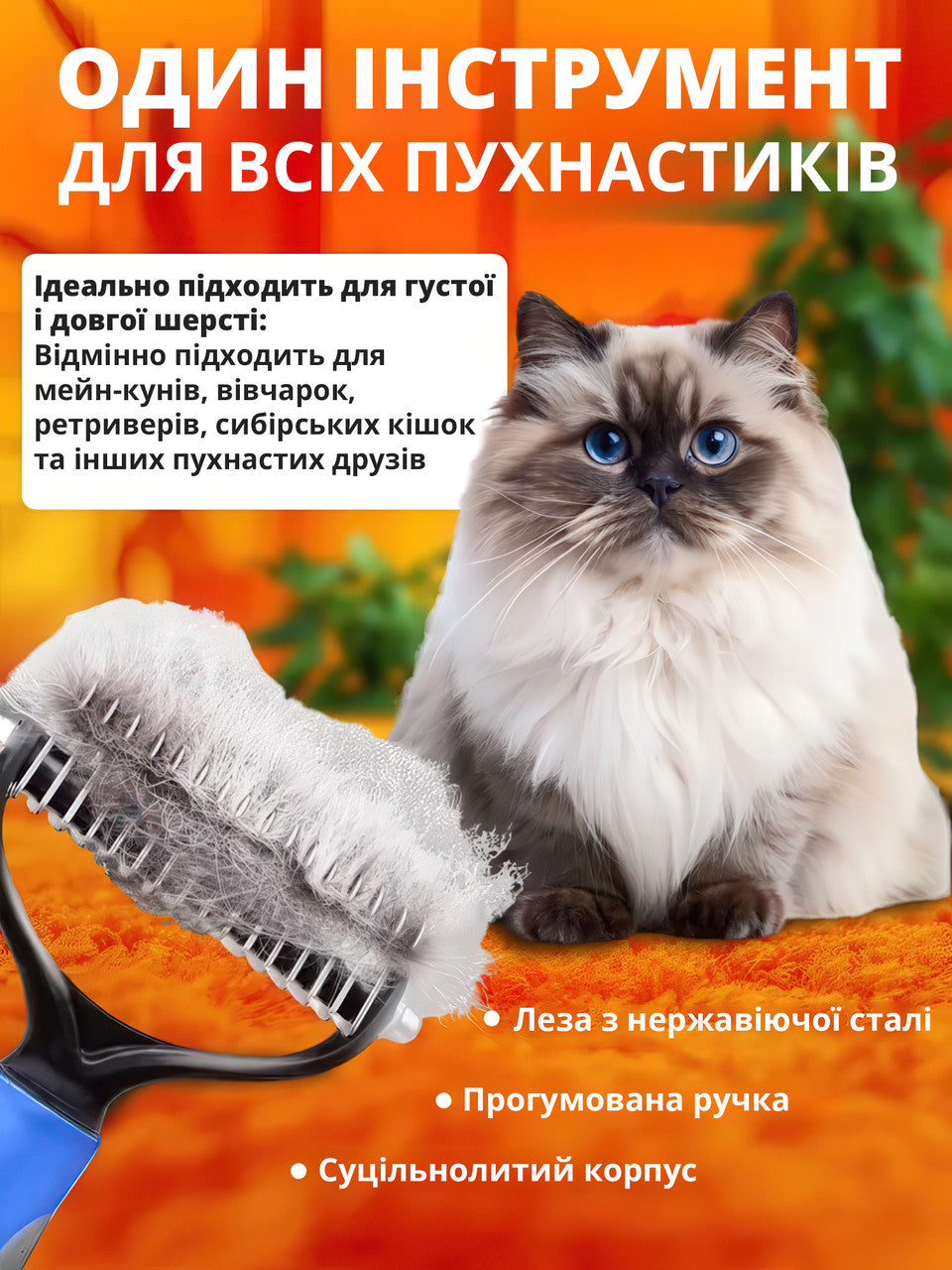 Щітка для шерсті ковтуноріз і дешеддер 2 в 1 для котів і собак, двосторонній гребінець, блакитний